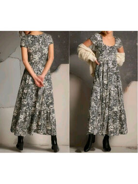 Maeve Anthropologie Catalina Black Floral Boho Tiered Flowy Maxi Dress Small